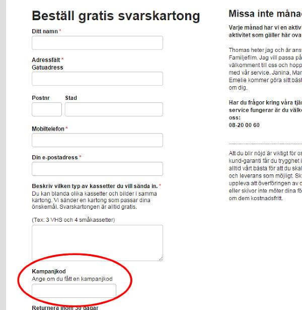 Här finns rutan för kampanjkoden