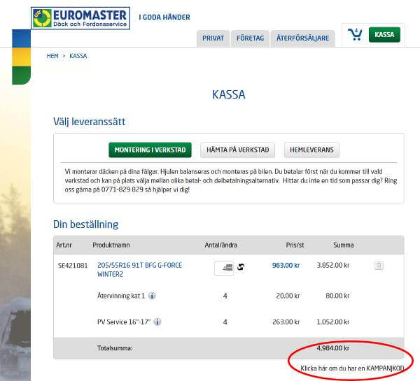 Euromasters rabattkoder skrivs in här.