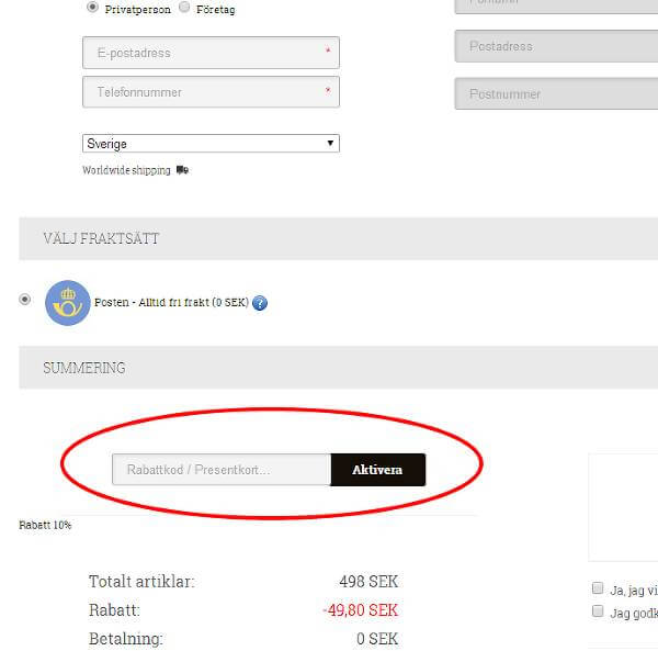 HÃ¤r kan beskÃ¥das var rabattkoden ska matas in