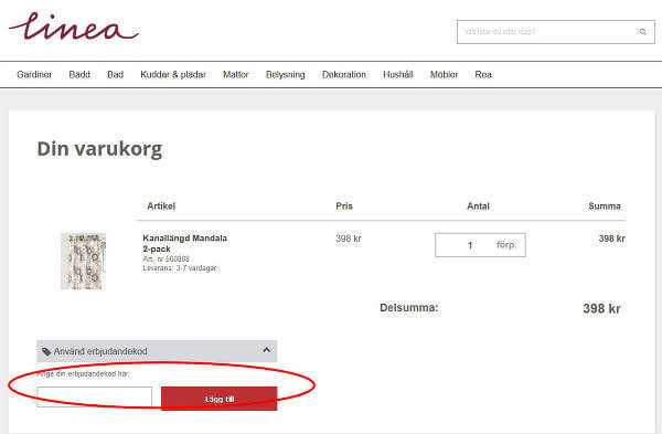 Så här ser det öppnade rabattkodsfäletet ut.
