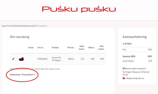 Pusku Puskus rabattkodsfält.