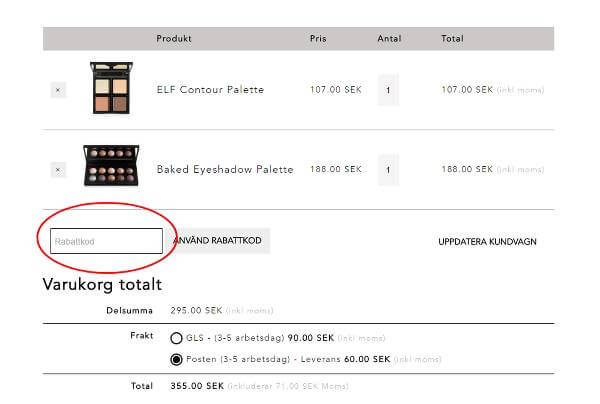 Här kopierar du in din rabattkod på elfcosmetics.se. 