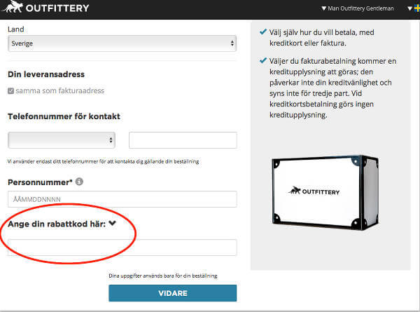 Så lägger du in din rabattkod från Rabattkalas hos Outfittery.se. 
