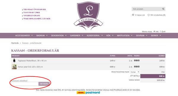 I den inringande rutan går det enkelt att kopiera in sin kod när man vill spara pengar hos laliving.se. 