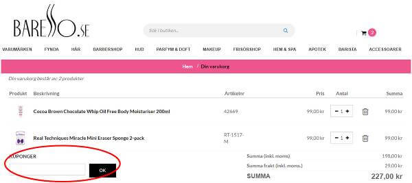 Här inlöses rabattkoder hos Baresso Shop.