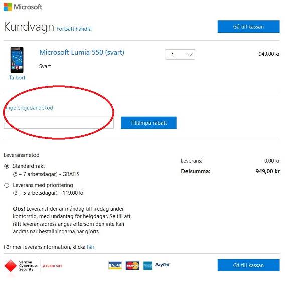 I den markerade rutan skriver du in rabattkoden hos Microsoft. I den markerade rutan skriver du in rabattkoden hos Microsoft.